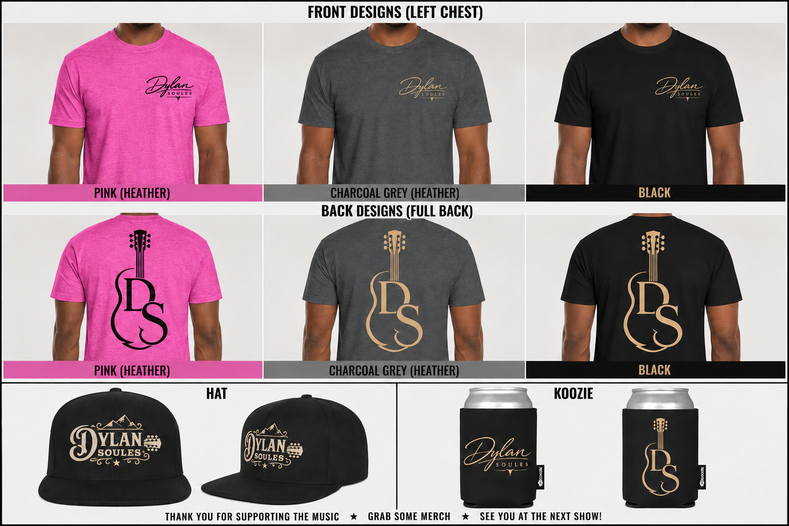 Pink, charcoal grey and black shirts, hats and koozies
